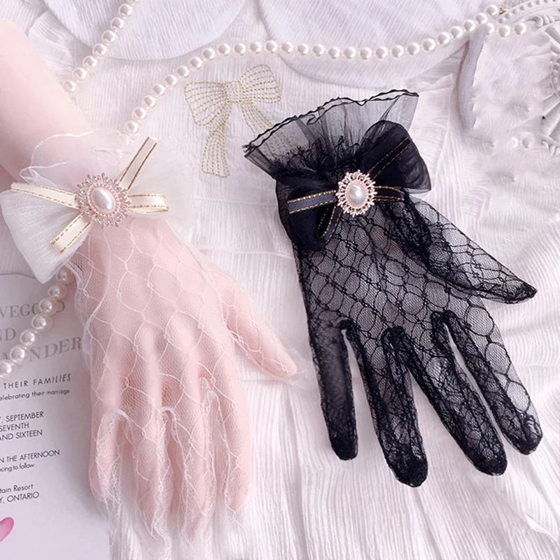 Guantes de encaje Lolita hechos a mano para mujeres y niñas, accesorios de disfraz de Cosaplay, guantes y manoplas de malla blanca y negra con lazo de flores