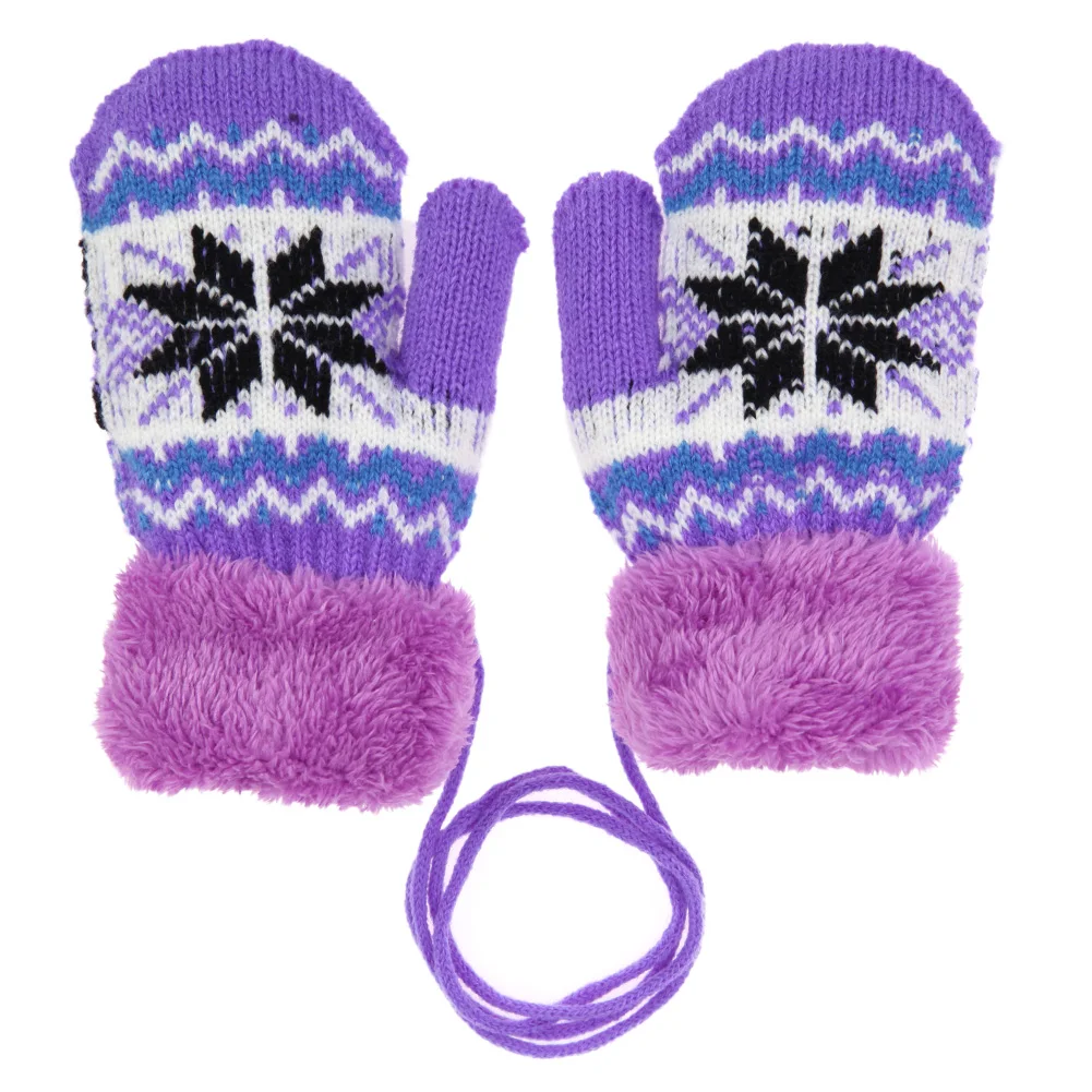 

Baby Casual Autumn Winter Warm Gloves Unisex Children Knitted Ski Thickened Mitten with Rope Full Finger for Kids