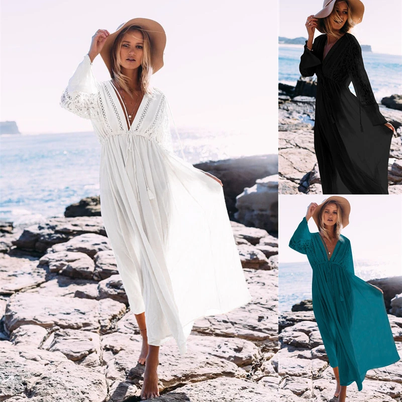 Robe de plage décontractée, longue, blanche, noire, Sexy, tunique, élégante, pour femmes, vêtements de plage, Cover-Up pour costumes de bain