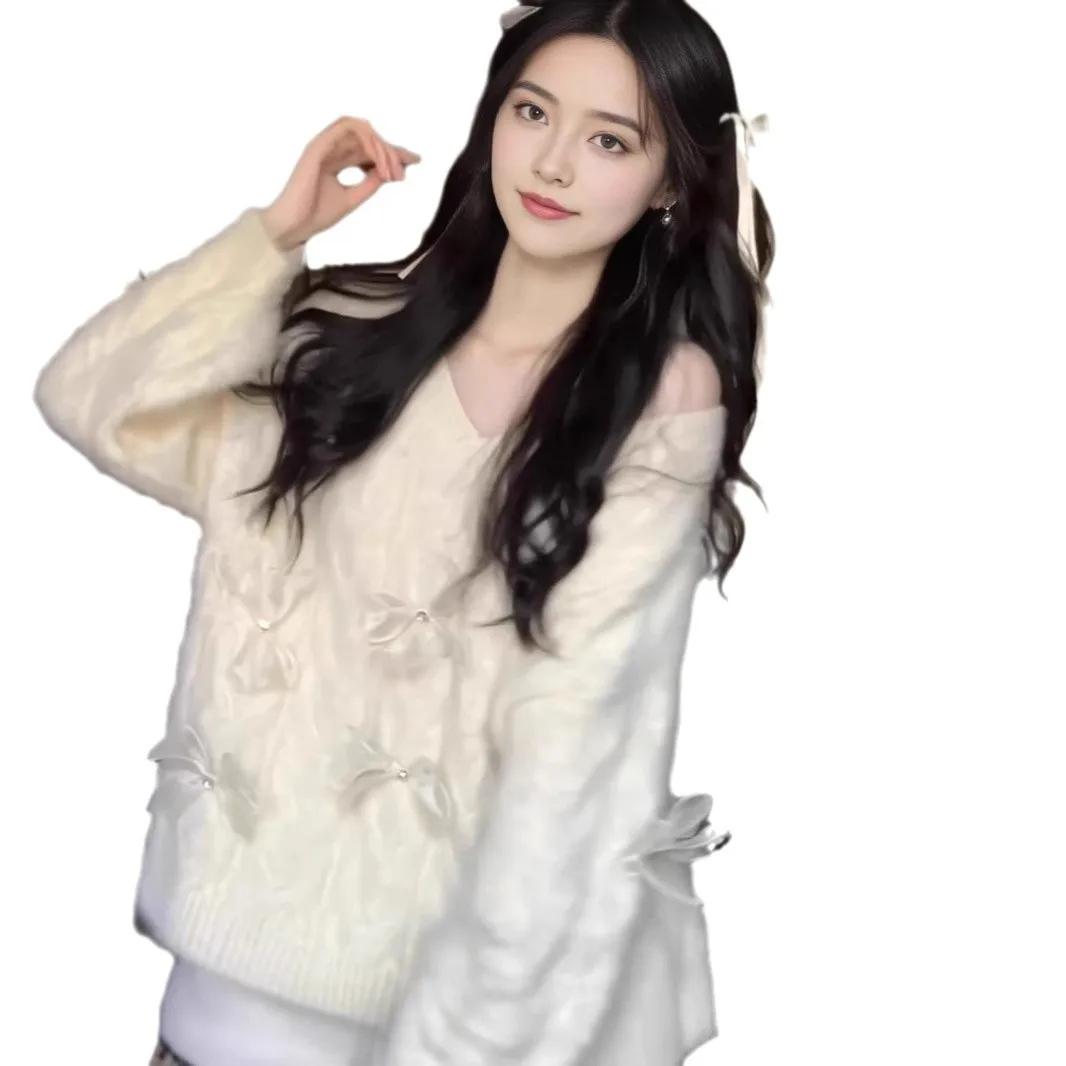 الخريف والشتاء جديد القوس الأحمر قبالة الكتف سترة برقبة على شكل v للفتيات شتاء السنة الجديدة فضفاضة محبوك