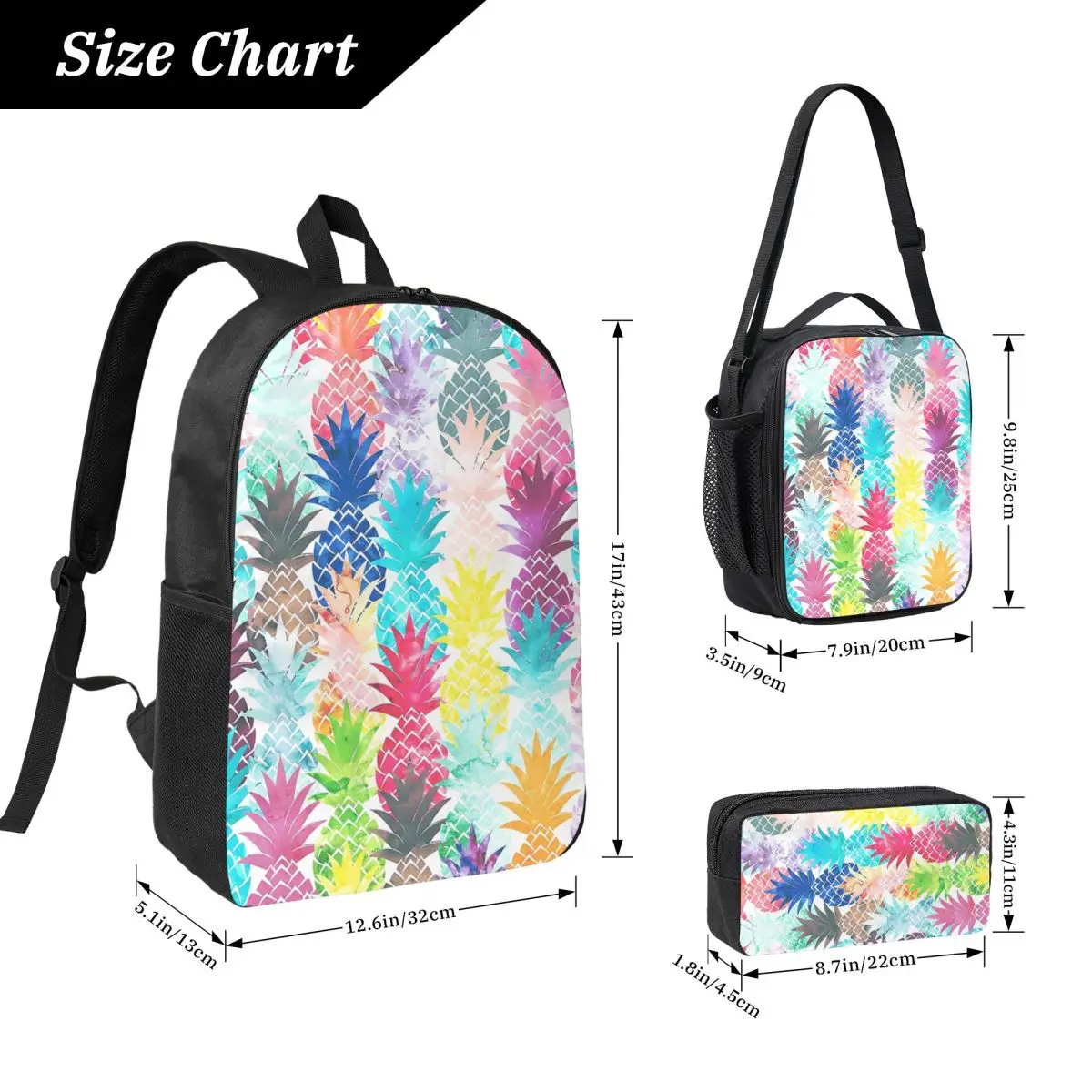 Hawaiian Pineapple Pattern Tropical Watercolor Backpack Student Boy Girls BookBag School Bag 3ps Insulated Lunch Bag Pencil Case