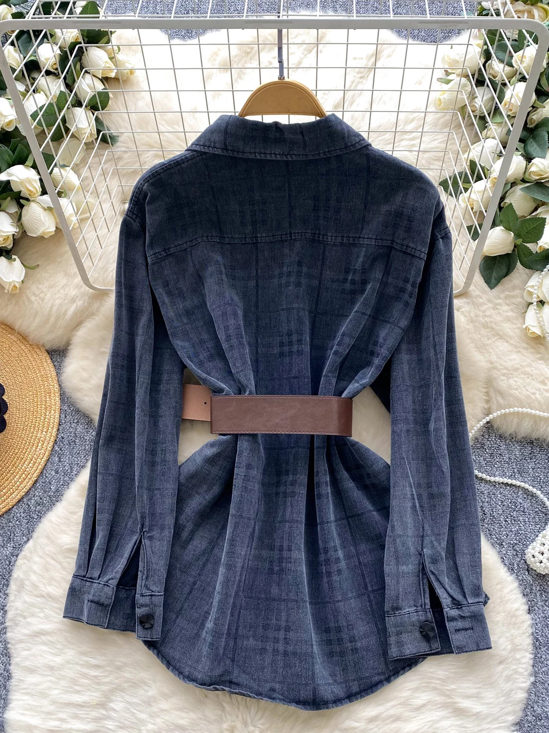 Casual Koreaanse Sle Dames irt Taille-kalkende lange Sve Plaid Denim Jaet Ademend Comfortabel polyestervezel