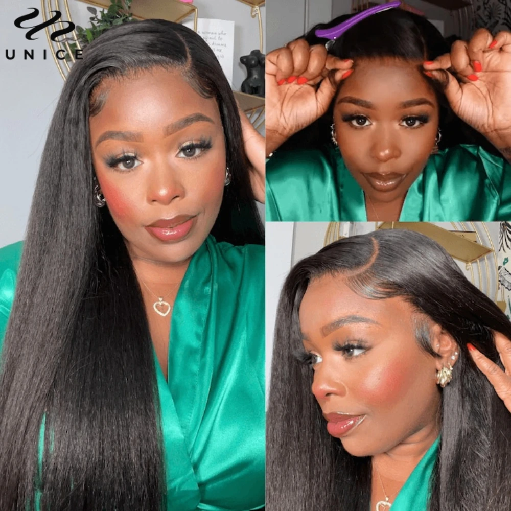 Unice 13x6 Deep Parting Yaki Straight Human Hair Lace Frontal Wig Pre Cut Pre Bleached Pre Plucked Lace Wigs With Coily Edges