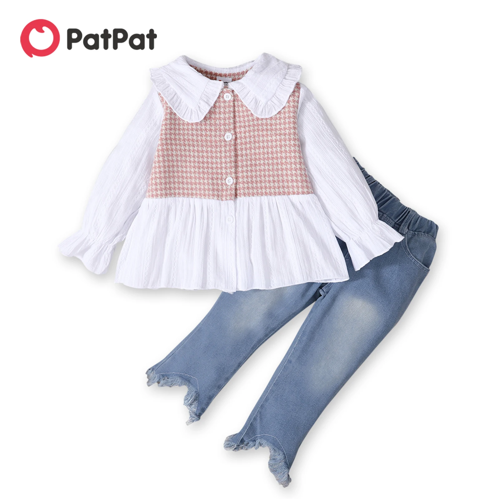 PatPat 2-piece Toddler Girl Doll Collar Tweed Splice Long-sleeve Top and Ripped Hem Denim Jeans Set