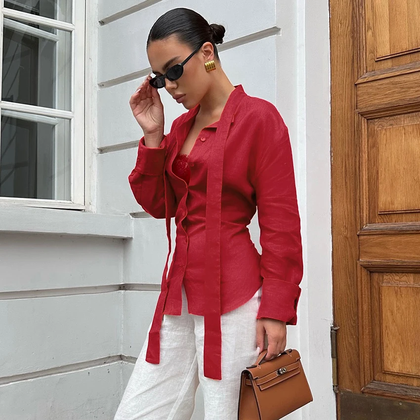 Linad Elegant Blue Cotton Scarf Collar Blouse Woman Office Red Single-Breasted Shirts Female Autumn Fashion Long Sleeve Top 2025 image 3