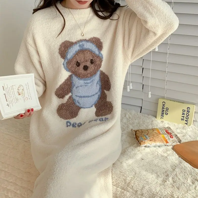 QWEEK Coral Velvet Long Nightie Kawaii Korean Style Bear Print Sleepwear Warm Thicken Women\'s Nightdress Winter Homewear