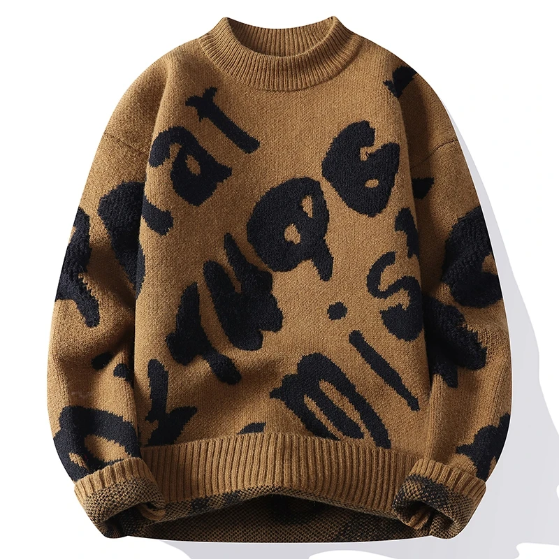 New Trendy Autumn and Winter Jacquard Pattern Pullover Sweater Casual Round Neck Color-Blocking Knit Men's Pullover