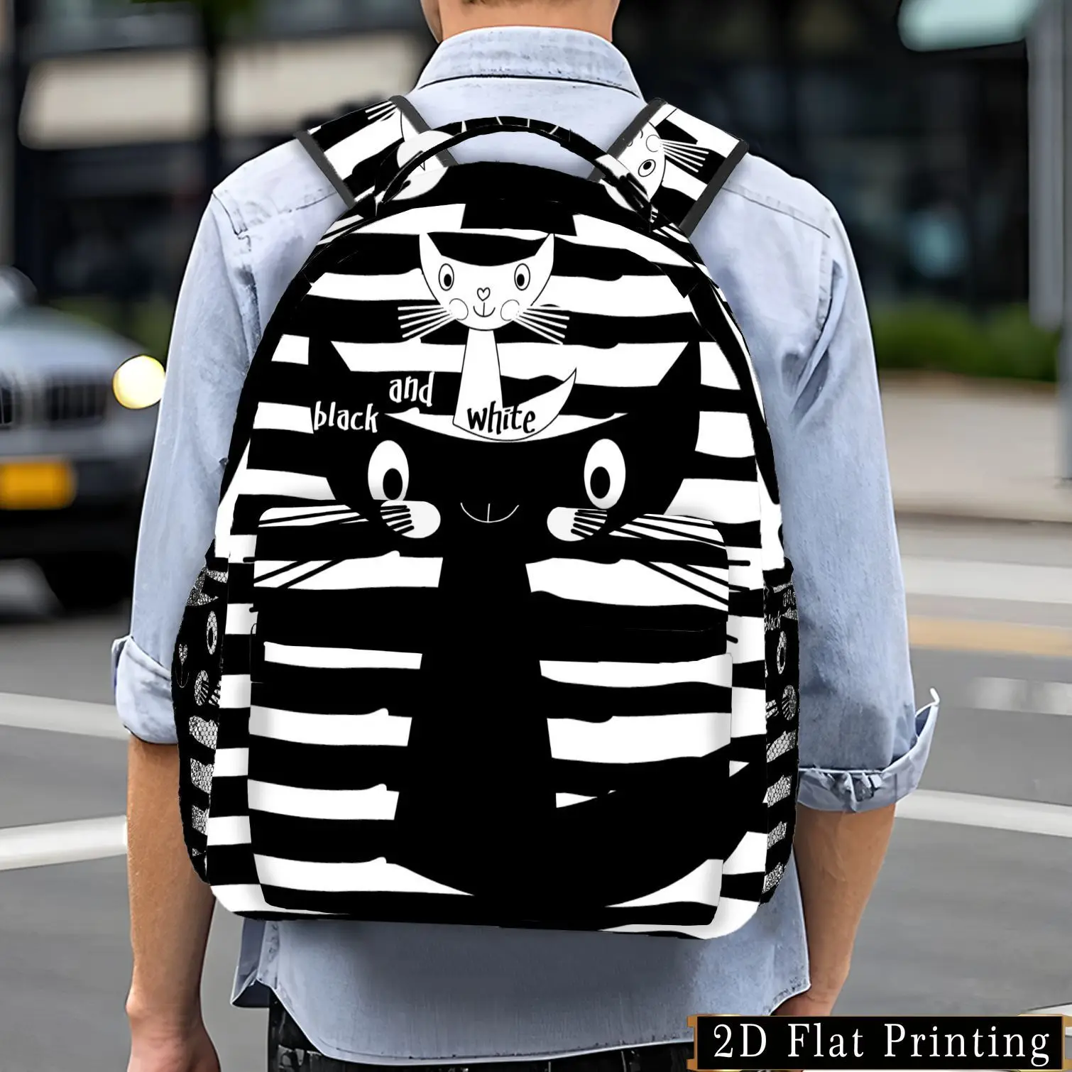 A Black And White Striped Cartoon Cat Print Casual Backpack Featuring Adjustable Shoulder Straps a Hand-Washable Design