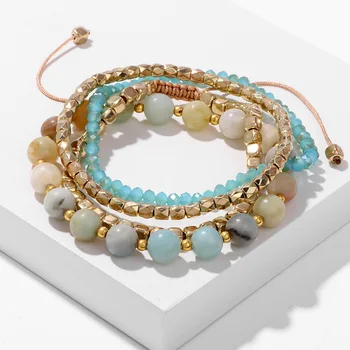 4pcs/set Natural Amazonite Beaded Bracelet Gold Color Beads Multi-layer Charm Rose Quartzs Turquoises Bracelet Set For Women Men