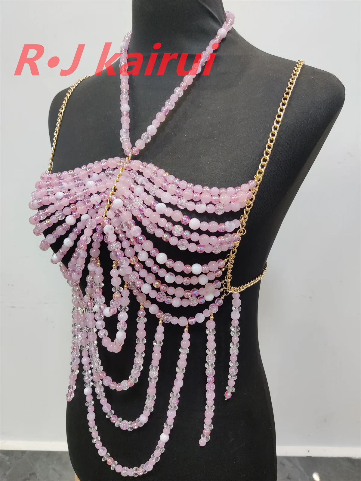 RJ Fashion Sexy Metal Acrylic Neck Body Chain Pastel Pink Beads Halter Dress Masquerade Stage Party Jewelry Accessories