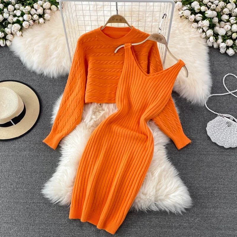 

Fashion Autumn Winter New Women Sweater Loose Top Europe America Knitted Camisole Dress Solid Color Casual Elegant Two-piece Set