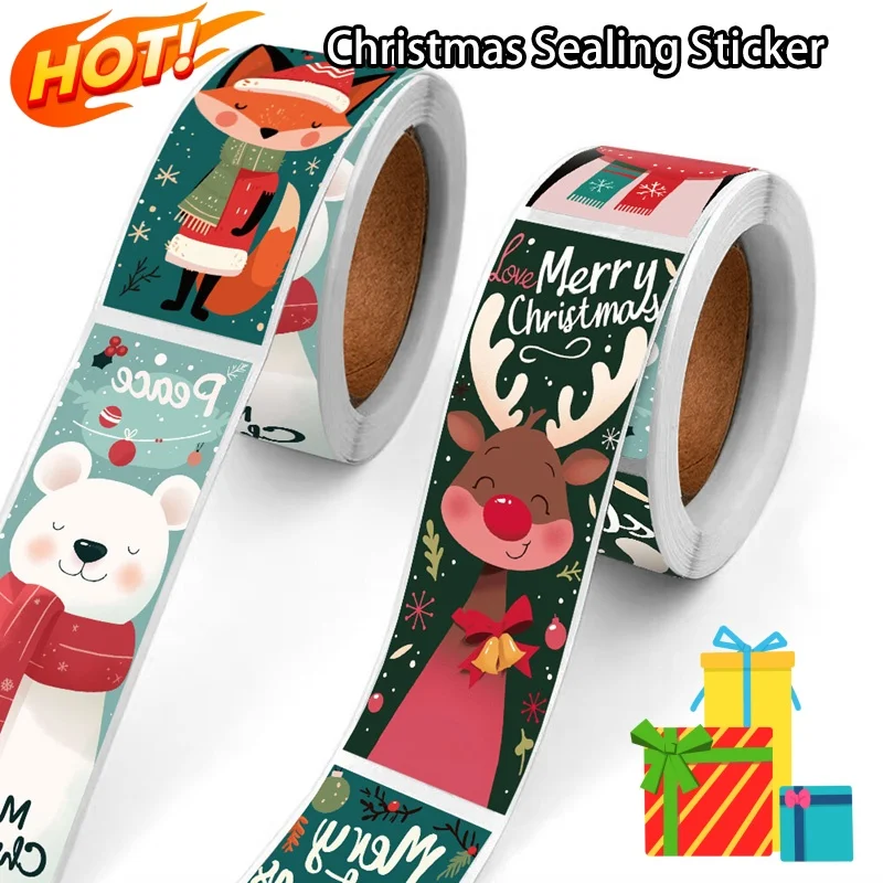 1 لفة ملصقات عيد الميلاد - شجرة عيد الميلاد اللطيفة، سانتا كلوز، الرنة، عيد ميلاد سعيد - لتغليف الهدايا، التعبئة والتغليف