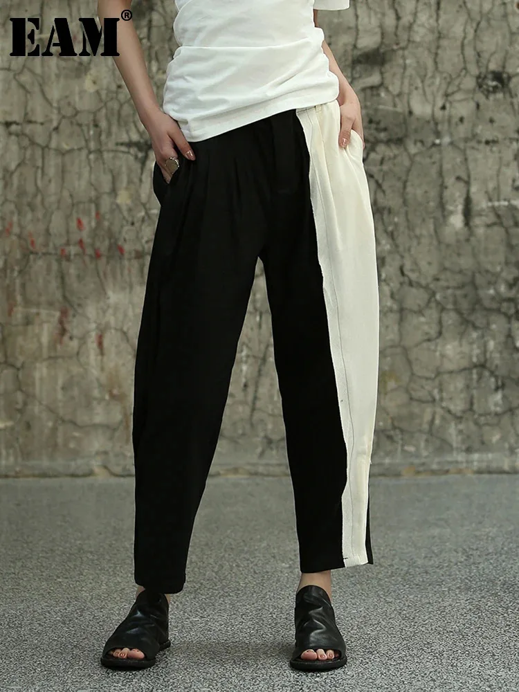 [EAM] High Waist Black Color-block Drawstring Long Pants New Loose Fit Trousers Women Fashion Tide Spring Autumn 2024 1DF7980