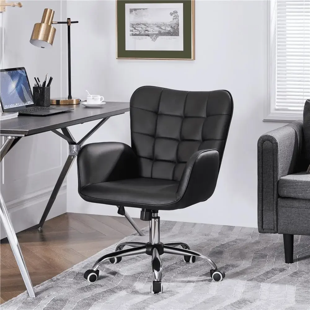 Mid-back Padded Armrests Faux Leather Office Chair Rocking Function 360° Smooth Mobility Modern Minimalist Design  Black Desk