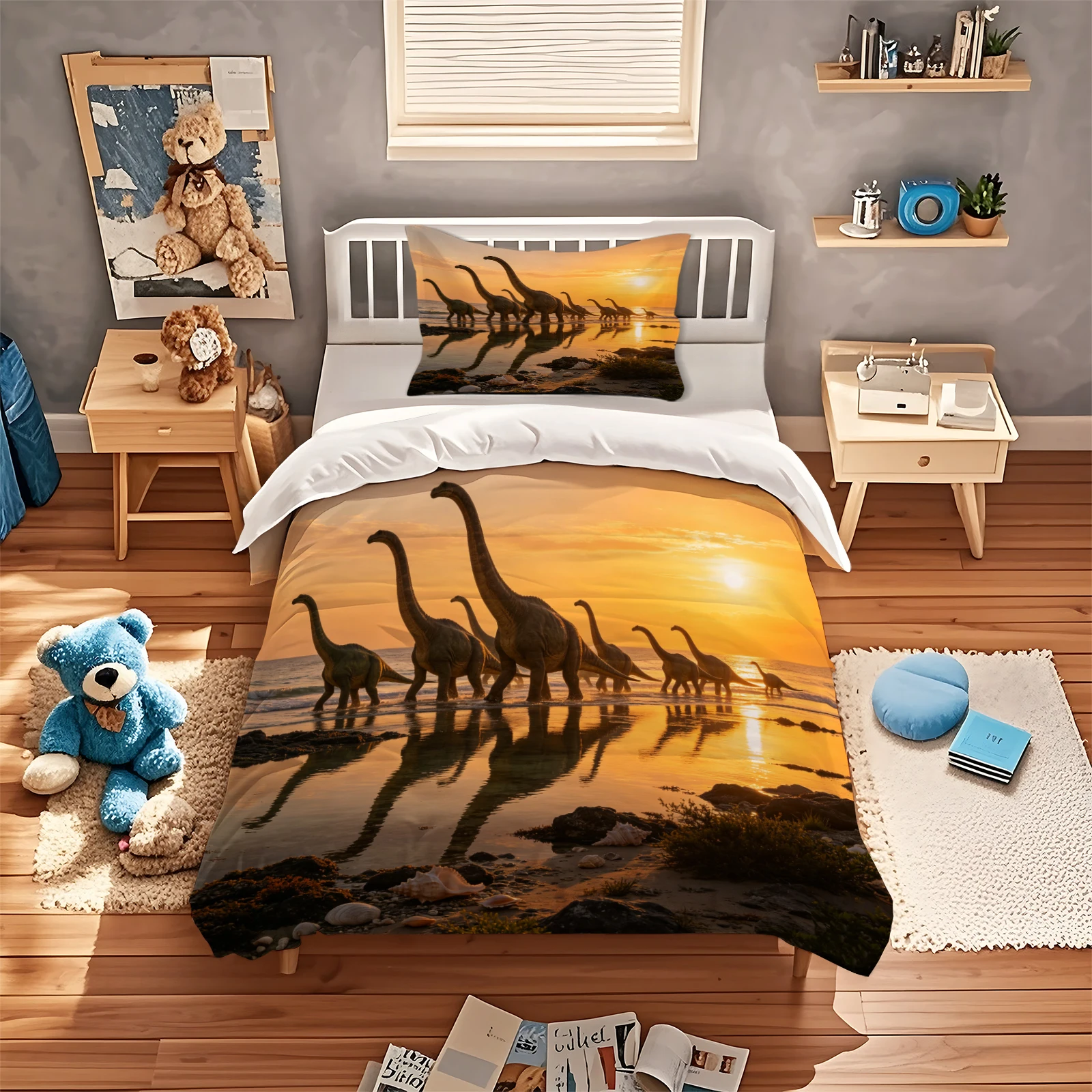 Stunning Dinosaur Herd Sunset Beach Duvet Cover Set Seaside Sauropod Dinosaur Reflection Bedding Set Soft Microfiber Quilt Cover