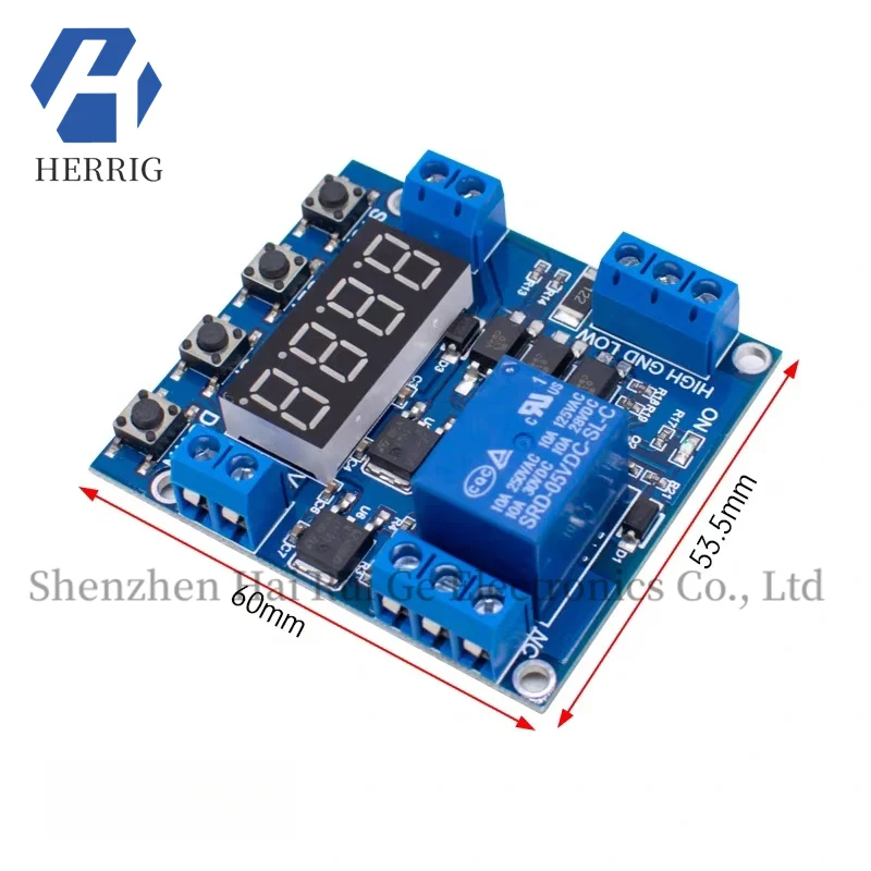 

One-channel relay module with delayed power-off, trigger, cycle timing count control, and voltage upper and lower limit detectio