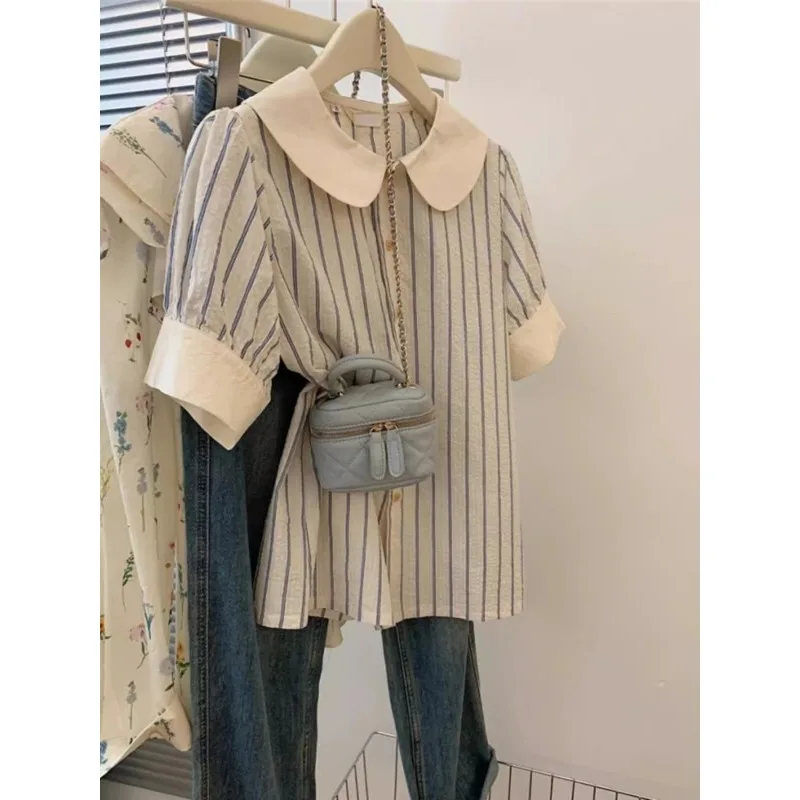 

2025 New French Doll Collar Simple Short-sleeved Shirt for Women's Summer Contrast Stripes Elegant Loose Top