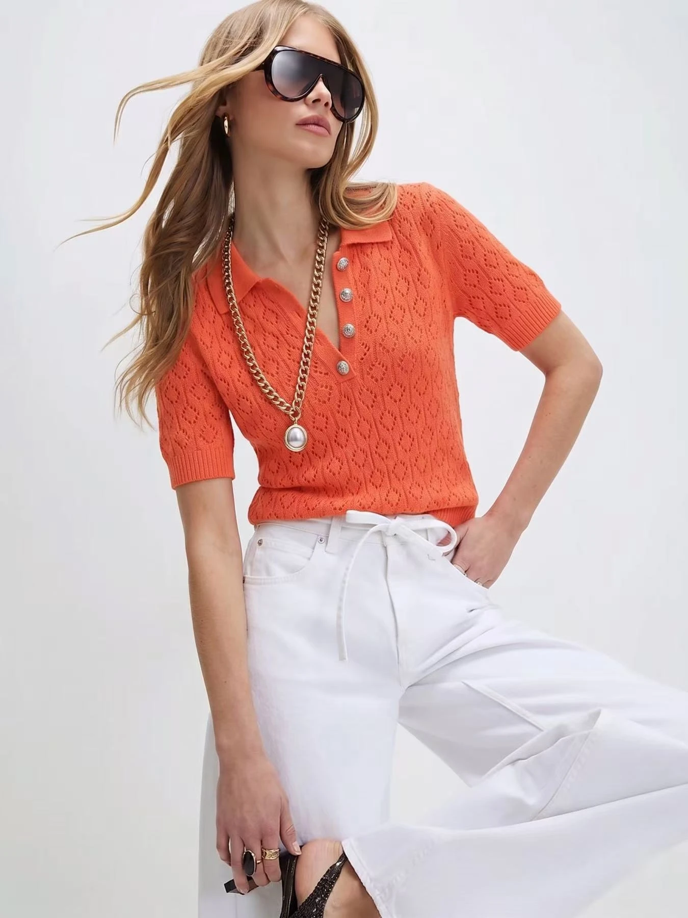 Women's Orange Polo Knit Top, Diamond Hollow Out Short Sleeve Button Summer Shirt