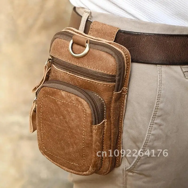 Riñonera de cuero Crazy Horse Vintage para hombre, bolsa de cuero genuino, cinturón de viaje para teléfono, riñonera con lazo para la cadera, bolsos pequeños para hombre