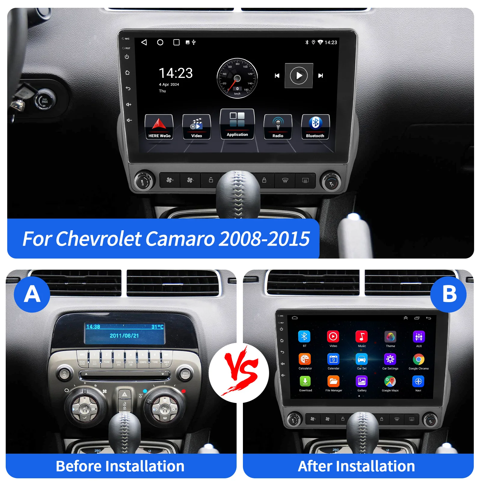 9 "أندرويد 15 Carplay 4 + 64G سيارة نظام تحديد المواقع راديو ستيريو لشروليه كامارو 2010-2015 واي فاي رئيس وحدة بلوتوث شاشة تعمل باللمس + DVR وكاميرا