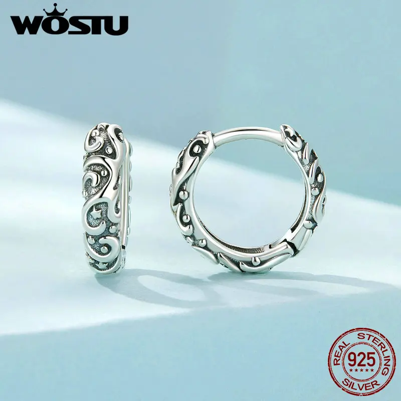 WOSTU 925 Sterling Silver Vintage Pattern Earrings Oxidized Ear Hoop Original for Women Daily Party Jewelry Wear Birthday Gift