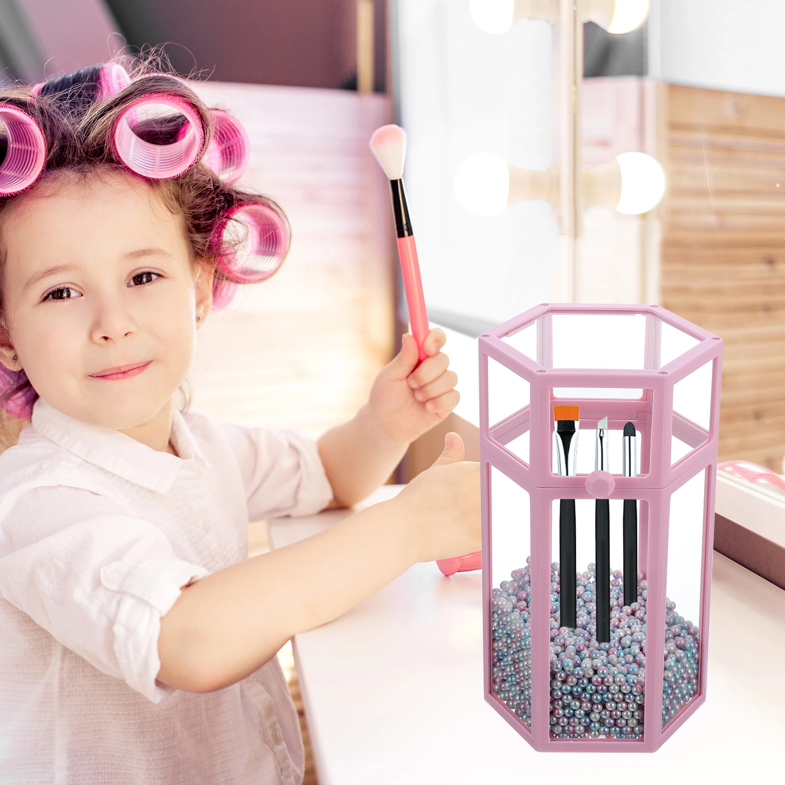

Brush Storage Bucket Eyeliner Pencil Holder Transparent ABS Glass Pink Makeup Organizer For Desk Bedroom Bathroom