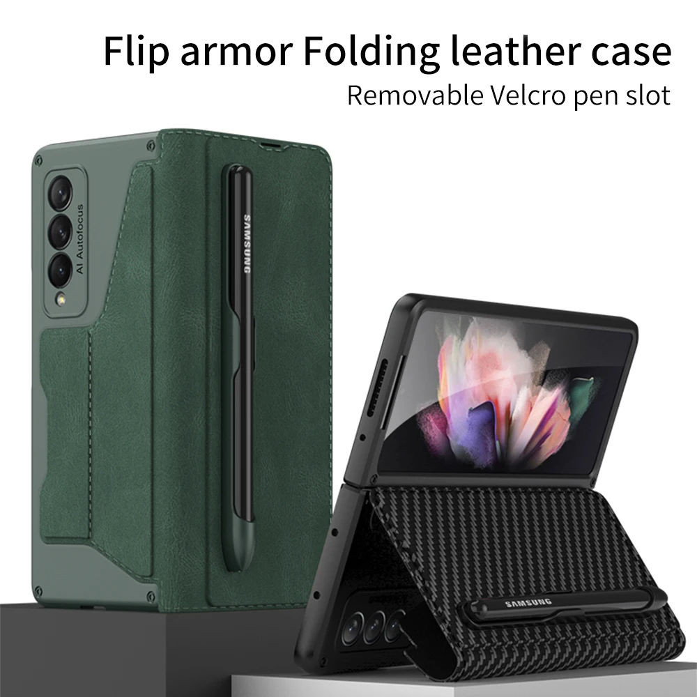 

For Samsung Galaxy Z Fold 4 3 5G Case GKK Luxury Leather Carbon Fiber Cover With Card Pen Slot Holder for Galaxy Z Fold4 케이스