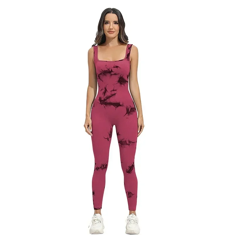 Kobiety Seveeless Tie Dye Body Suit Fitness Yoga Set Seamless Elastic Gym Running Cycling High Waist Hip Lift Knitted Sportwear