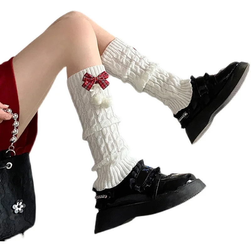 Knitted Leg Warmers Women's Cotton Cloth Geometric Pattern Moisture Wicking Calf Socks Christmas Warm Bow Red Spring and Autumn