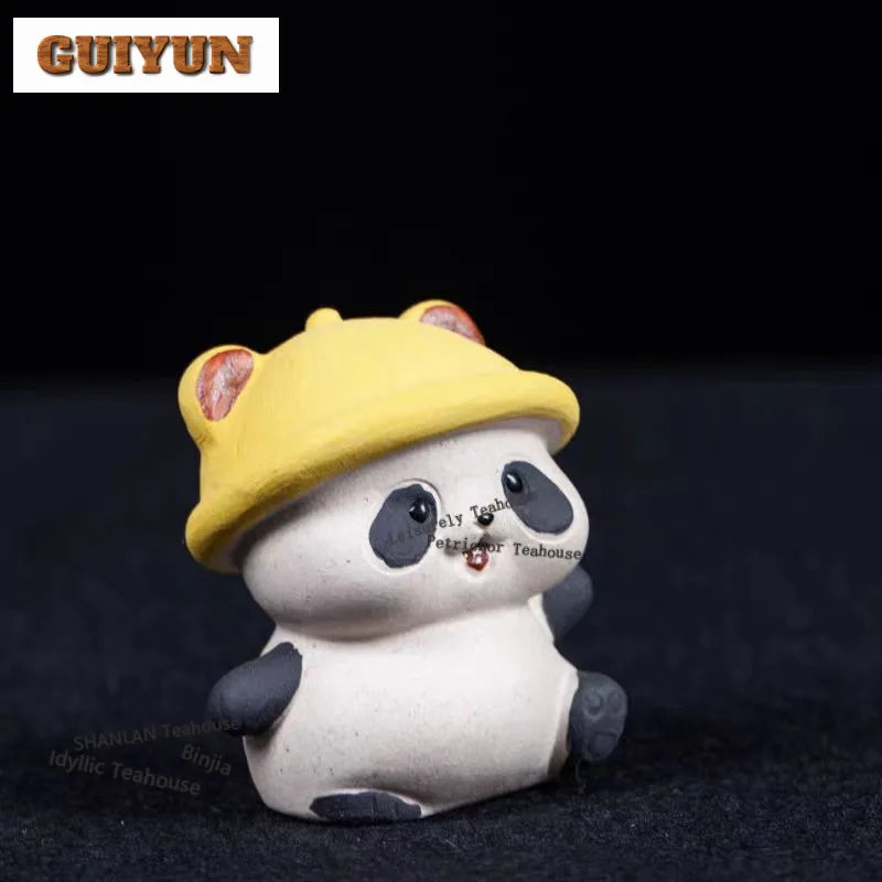 Yixing Purple Clay Yellow Cap Panda Tea Pet Aesthetic Tea Games Tea Figurine Play Toys Tea Statue Ornaments Can Be Raised Craft