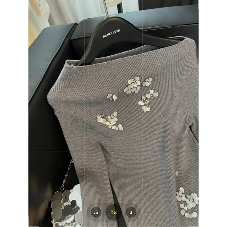 

Spring Autumn High Waist Bodycon Skirt for Women Fashion Two Piece Sets Vintage Elegant Sequin Beading Knitted Pullover