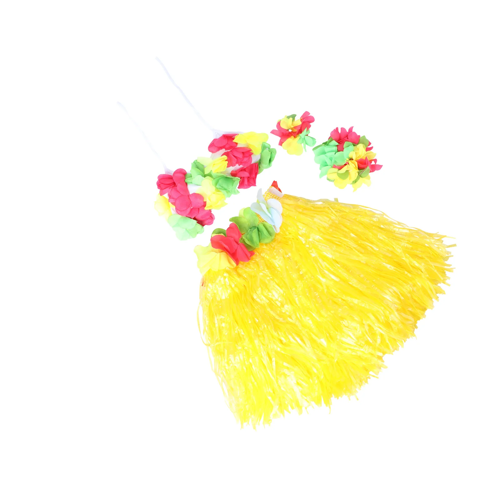 

5Pcs Hawaii Hula Skirt Set 40cm Tropical Grass Skirt Adjustable Waistband Flower Bracelets Headband Bra for Events