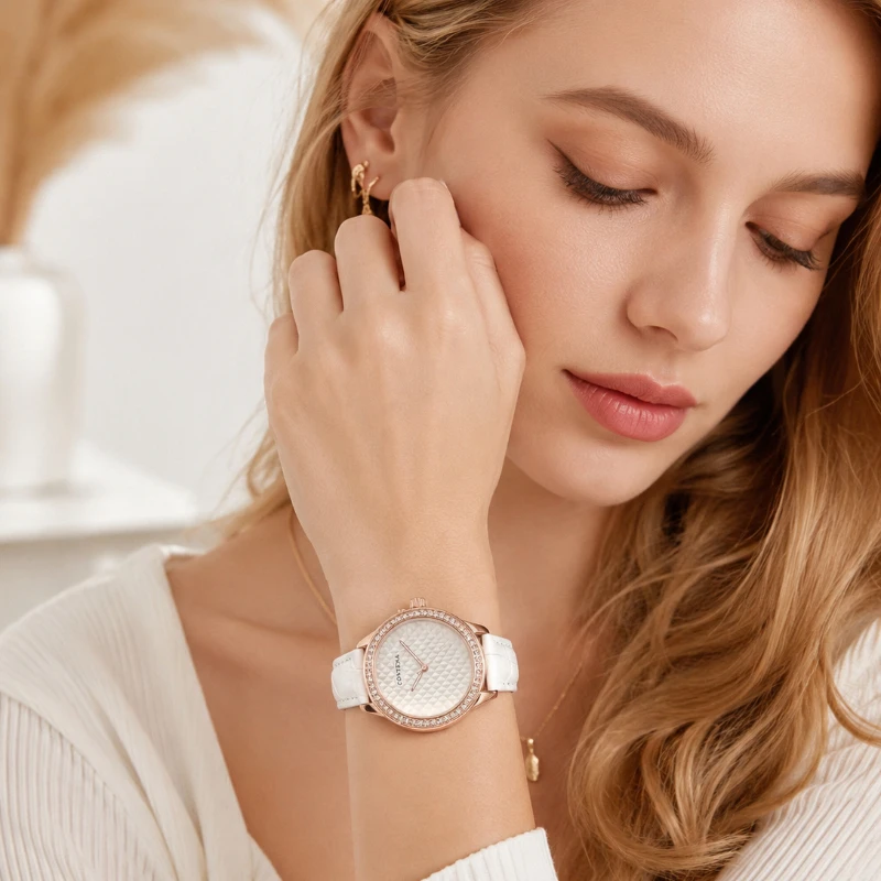 CONTENA Women's Watches Fashion Rhinestone Dial Leather Strap Quartz Wristwatch for Woman Elegant Dress Ladies Watch Clock Gift