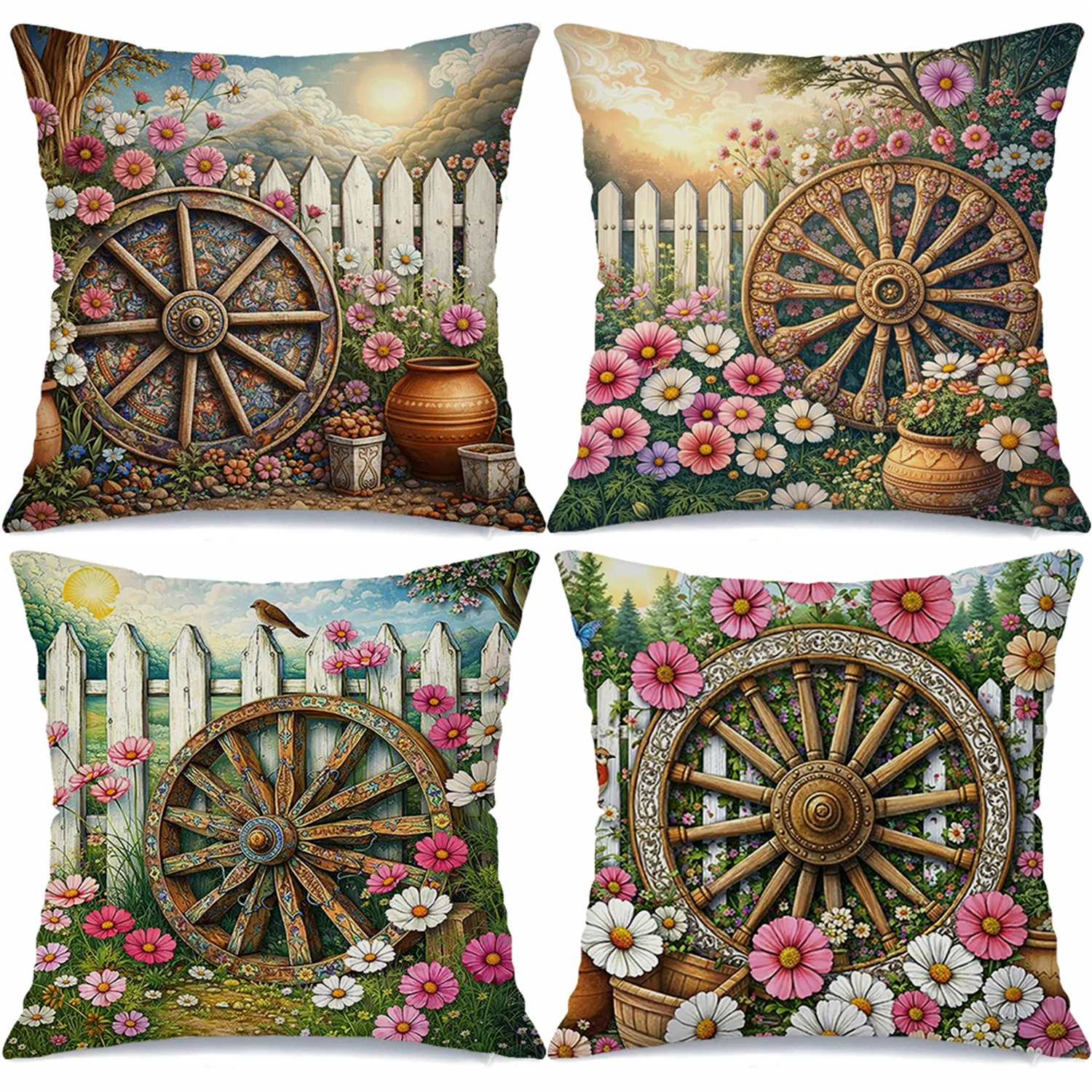 Vintage Wagon Wheel Floral Pillow Covers Country Garden Fence Decorative Throw Pillow Cases, Farmhouse Home Decor Cushion Covers