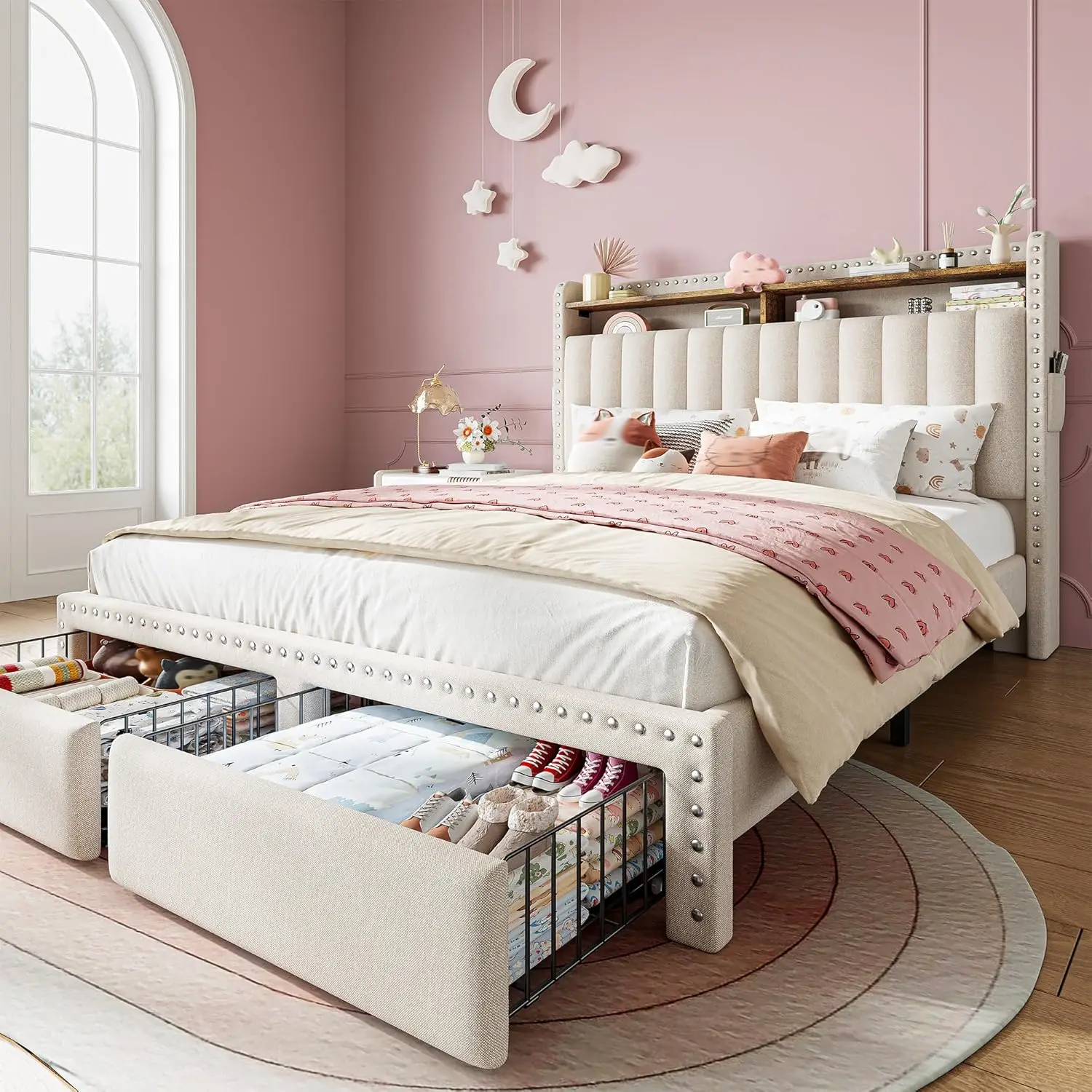 Full Size Bed Frame, Upholstered Full Bed Frame With 2 Storage Drawers And 2-Tier Headboard, Vertical Tufted, Customized