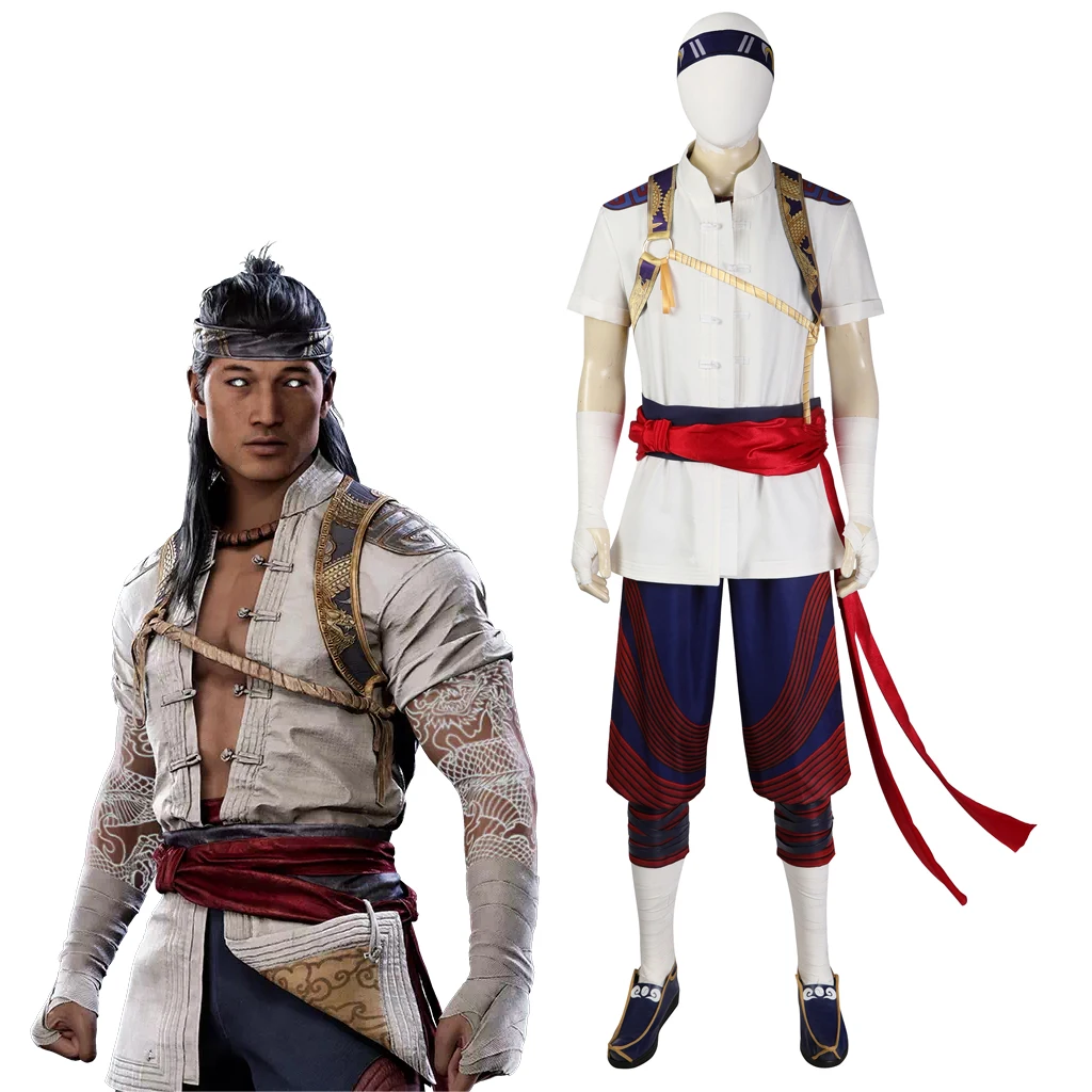 Mortal Kombat Liu Kang Costume Cosplay Liu Kang stile cinese bottone Top pantaloni scarpe Set Liu Kang tuta da battaglia vestito di arti marziali