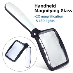 Handheld Square Folding Magnifier with 5 Led Lights, Professional High-Definition Optical Magnifying Glass for Elderly Reading