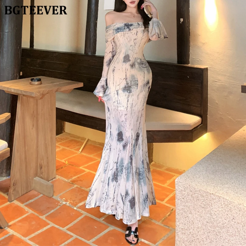 

BGTEEVER Spring Summer Stylish Female Long Sleeve Mermaid Dress Elegant Slash Neck Ladies Package Hip Skinny Printed Dress