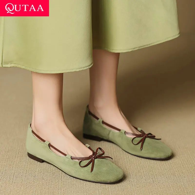 

QUTAA 2026 Fashion Women Flats Shoes New Loafers Kid Suede Leather Woman Spring Bow Ballet Casual Shoes Round Toe Ladies 34-40