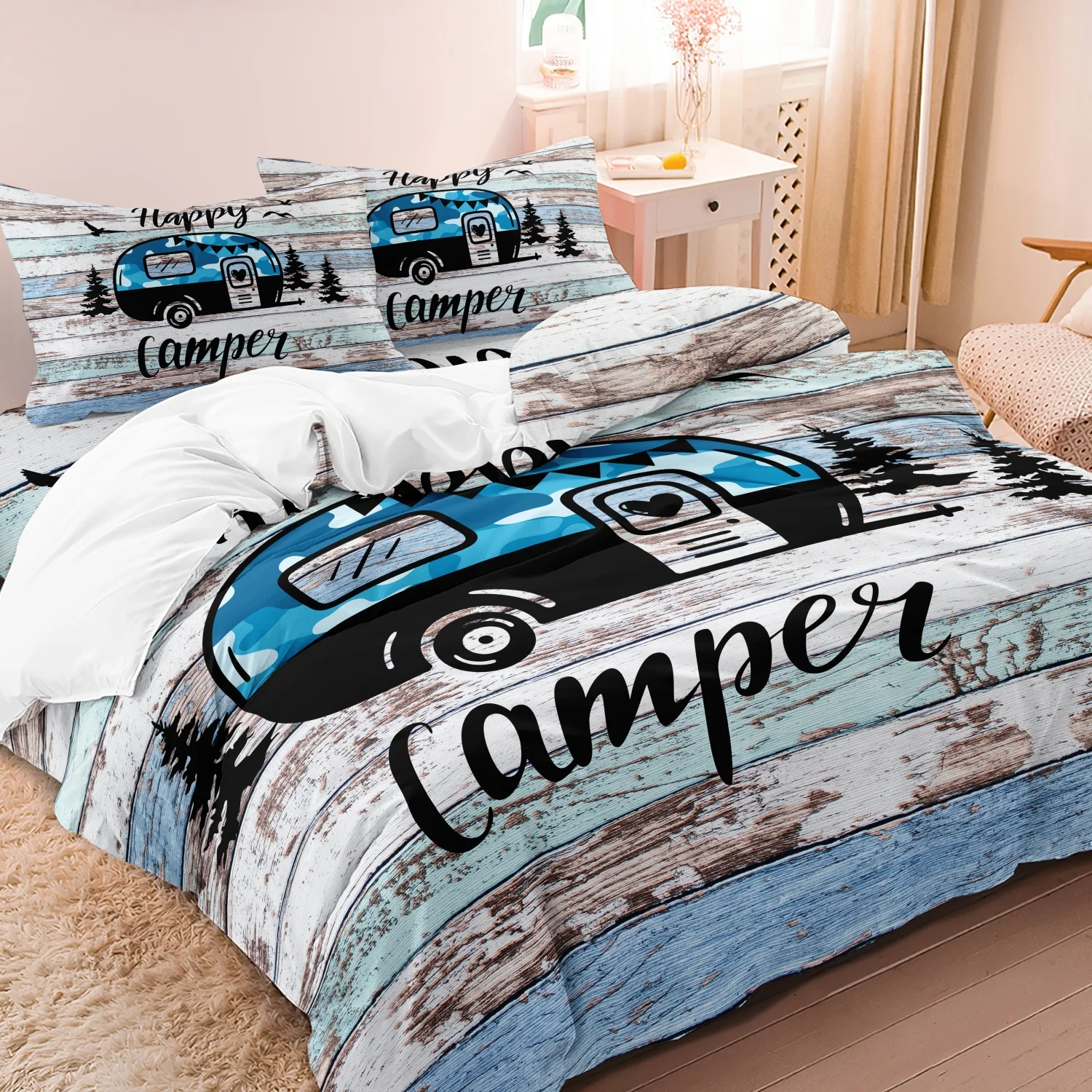 3pcs Vintage Camper Trailer Comforter Cover Set, Blue Wood Grain Print Bedding,Suitable For Family Bedrooms And Dormitories