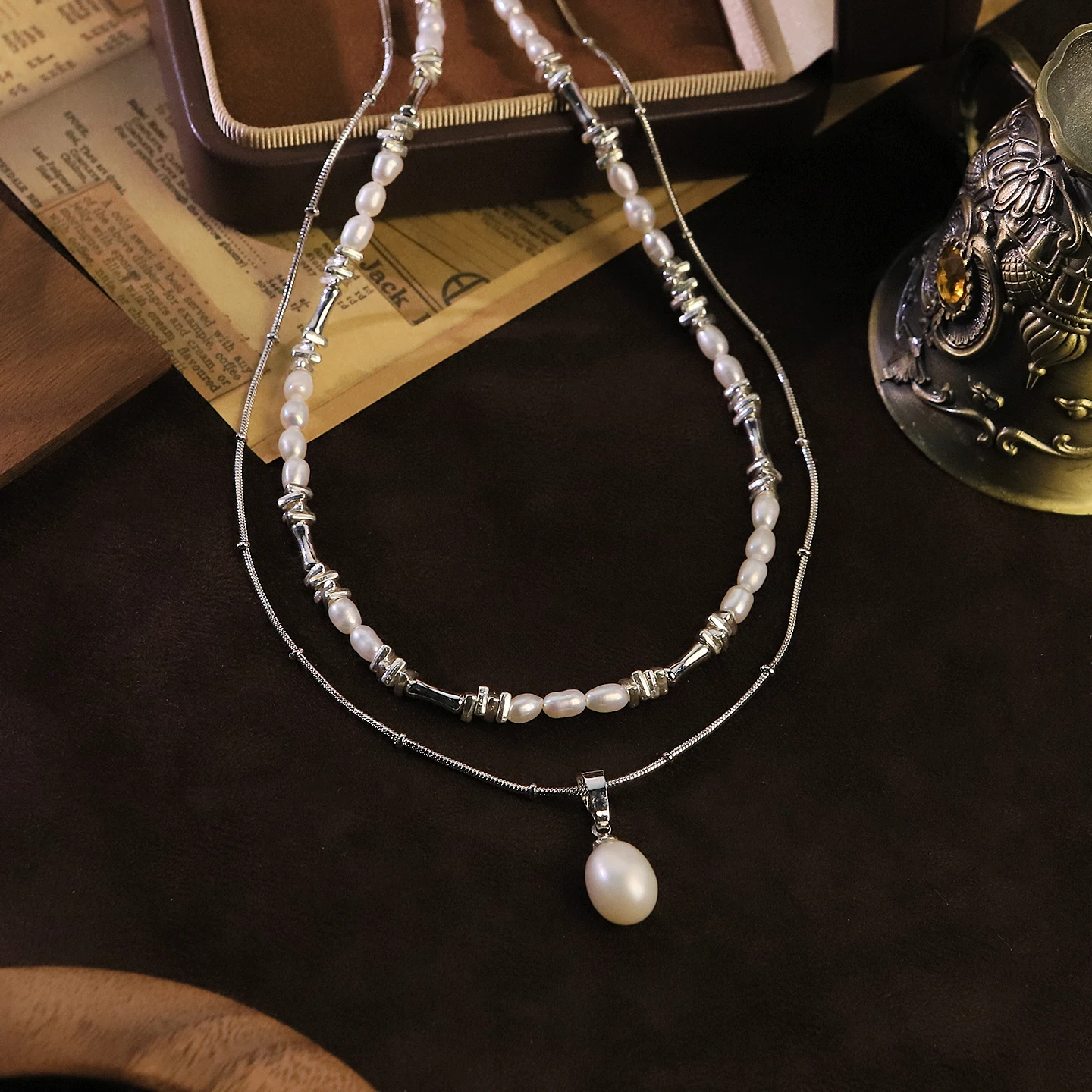 Two-Piece Freshwater Pearl Jewelry Set for Women Daily Dating Wedding Gift Dainty Bamboo-Segment Pearl Necklace Fashion Jewelry