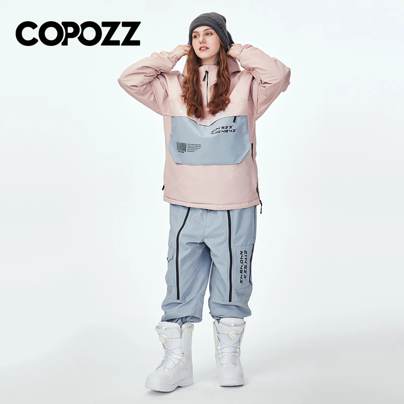 COPOZZ Set pakaian Ski pria wanita, Sweatshirt bertudung pullover tebal hangat tahan air peralatan Ski dua potong musim dingin