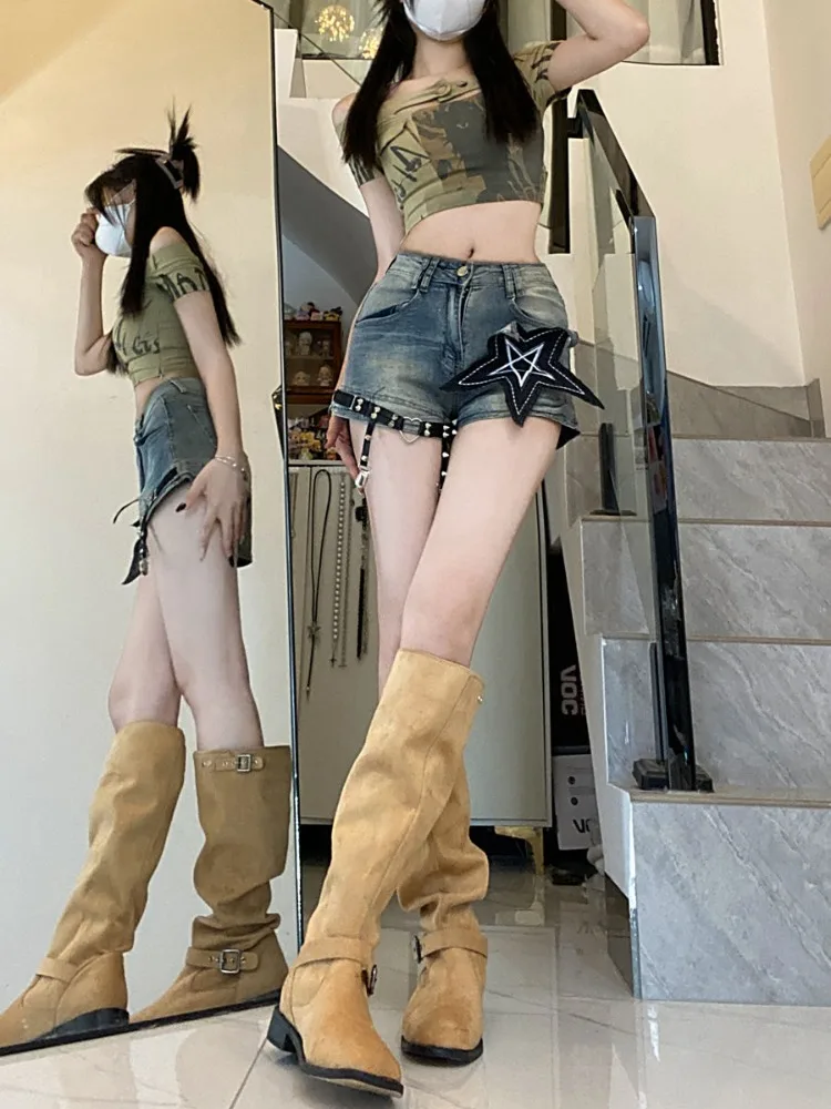 アメリカンレトロスターパッチデニムショーツハイウエストストリートホットジーンズレディース2025夏新作スリムフィットワイドレッグショーツ