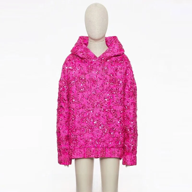 

2023 Long Hooded Sweatshirt Dress Embroidered Heavy Embellished Drawstring Loose Top Celebrity Favorite Fashionable Streetwear