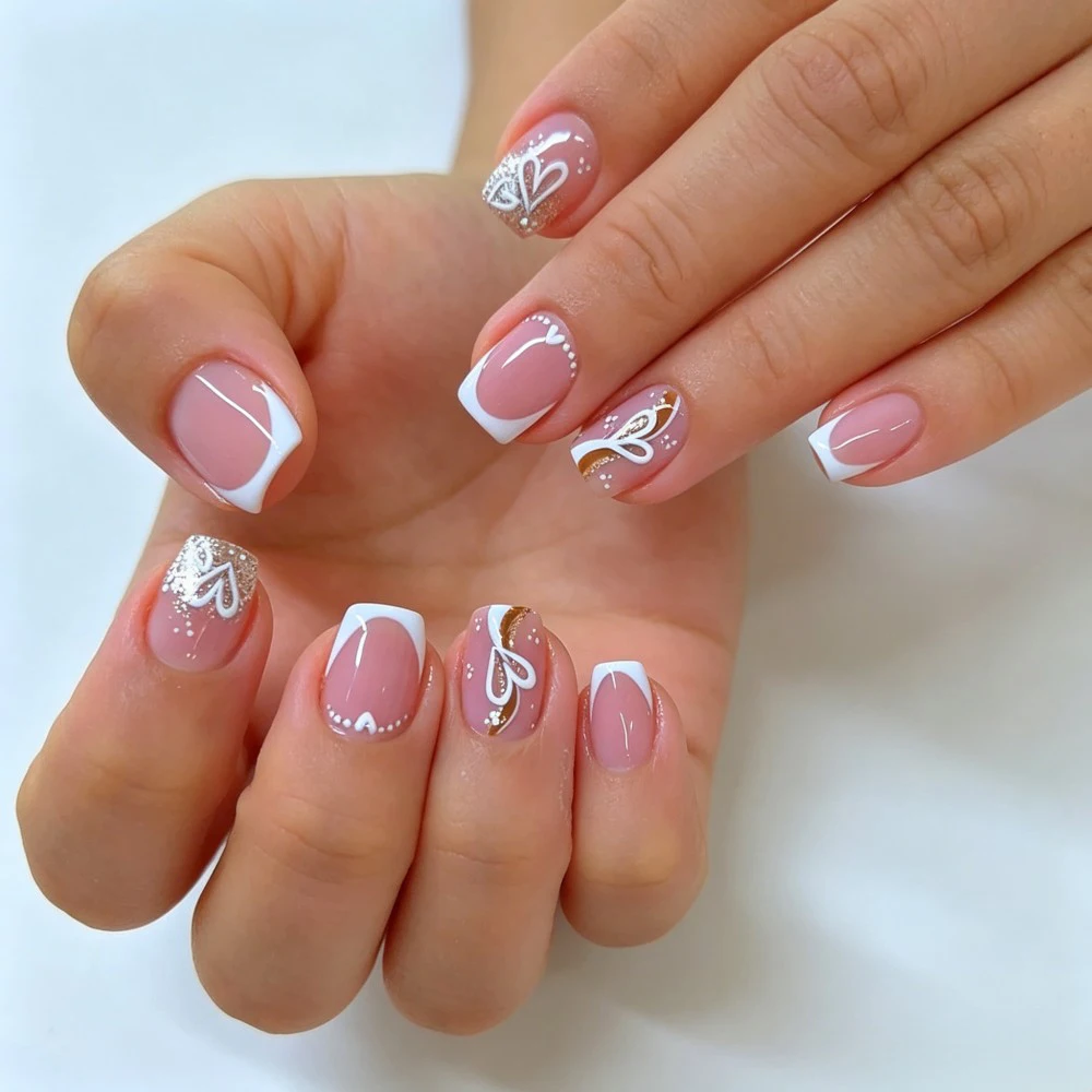 24pcs Short Square French White Heart Glitter Design Full Cover Reusable False Nail Tips For Manicure Nude Pink Press On Nails image 4
