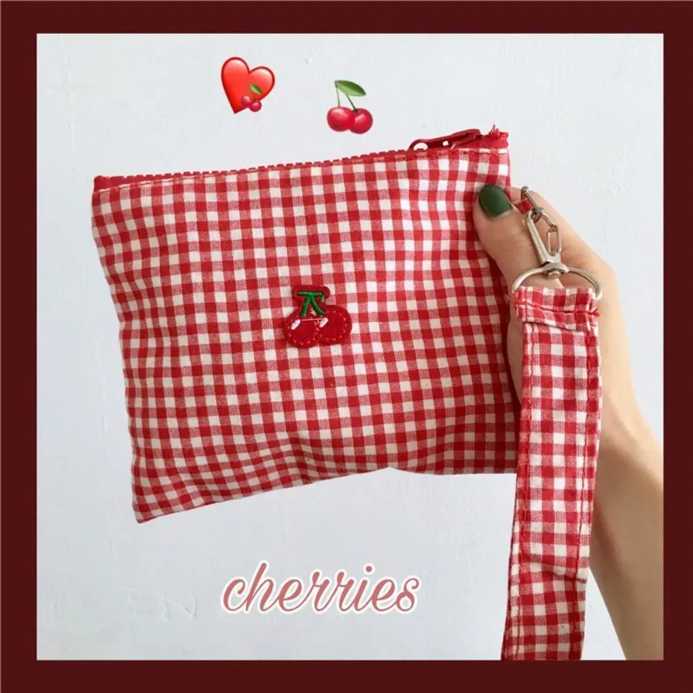 Korean Style Cherry Cosmetic Bag Large Capacity Toiletry Organizer Plaid Makeup Bags Pouch Stationery Bag Canvas Coin Purse Men