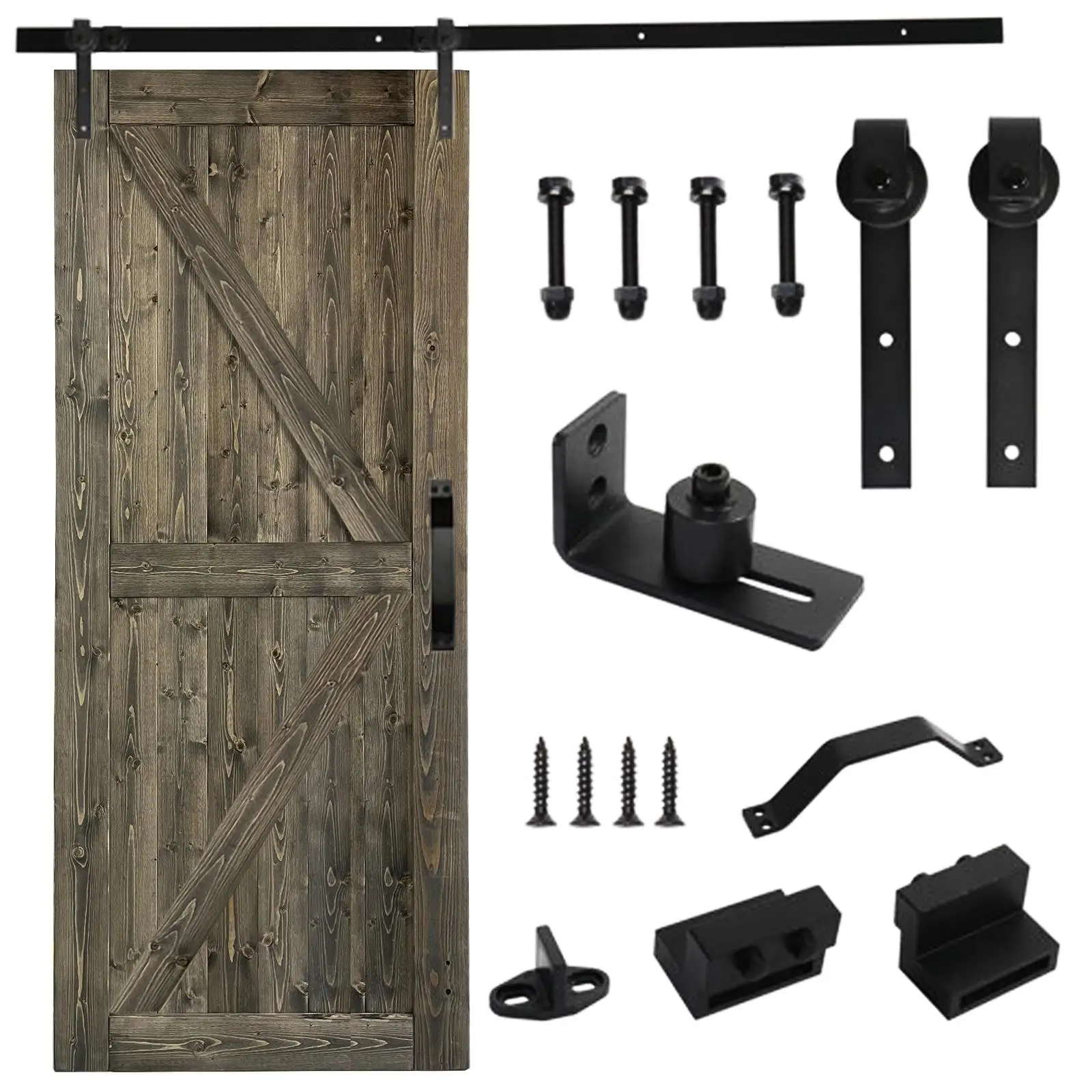 36 in. x 84 in. Sliding Barn Door with 6.6FT Barn Door Hardware Kit & Handle ，K Frame，Solid Spruce Wood，gray spray paint