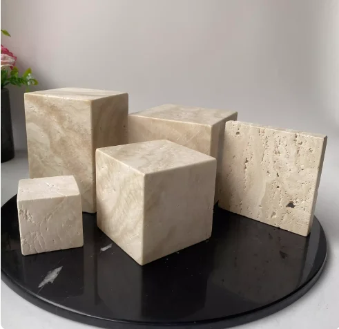 Hole Stone Square Block Brushed Honed Finish for Hall Candle Holder Natural Marble Travertine Sculpture Base Accessories Beige