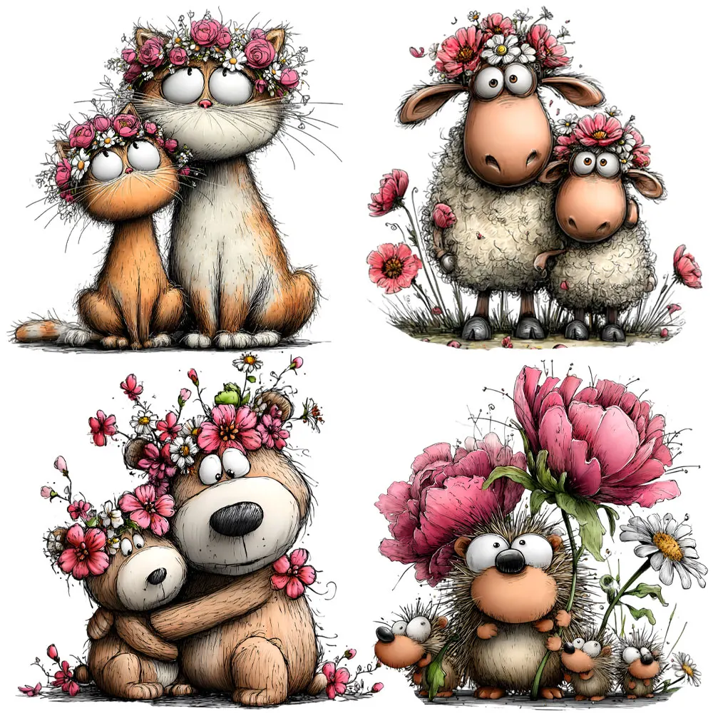 Whimsical Animal Parent-Child Heat Transfers Decals Pink Flower Hedgehog Cat Owl Bunny Duck Iron On Patches Mother day stickers