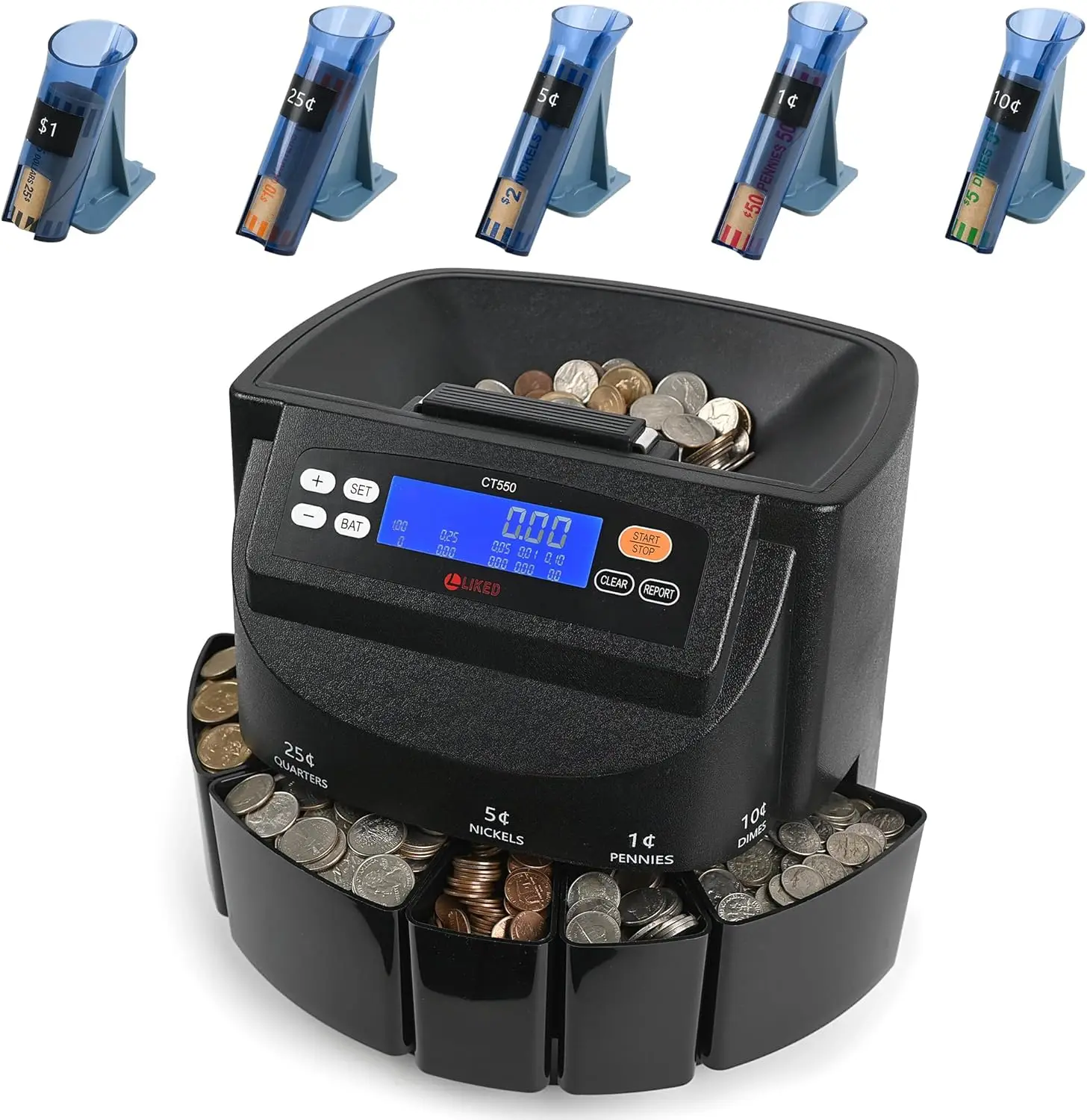 

Coin Sorter Counter & Wrapper Machine for Nickels Dimes Quarters Pennies Dollars 270 Coins/min LCD Display